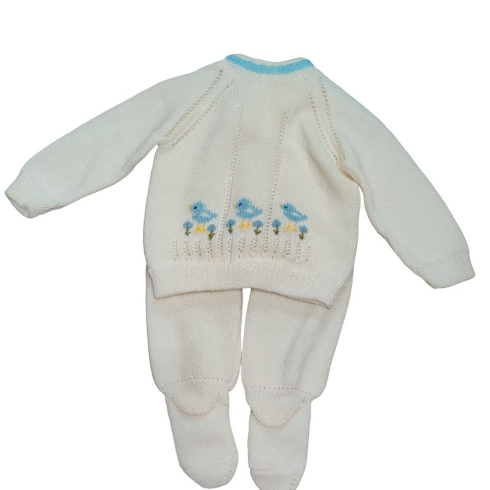 Vitania 12–18M Handmade Vintage Baby Knit Set Sweater Pants Bluebird Mexico Cute
